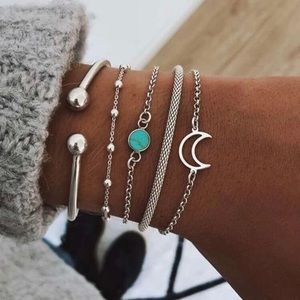 3/$33 5 Piece Silver & Turquoise Moon Bracelet Set